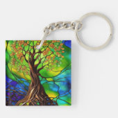 Kleurrijke boom van het Glas in lood van het Leven Sleutelhanger (Achterkant)