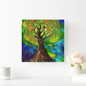 Kleurrijke boom van het Glas in lood van het Leven Vierkante Klok (Huis)