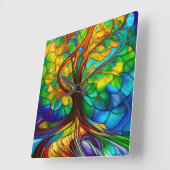 Kleurrijke boom van het Glas in lood van het Leven Vierkante Klok (Hoek)