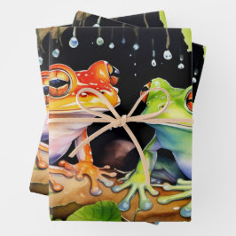 Kleurrijke boomkikkers op Waterverf bladeren Inpakpapier Vel