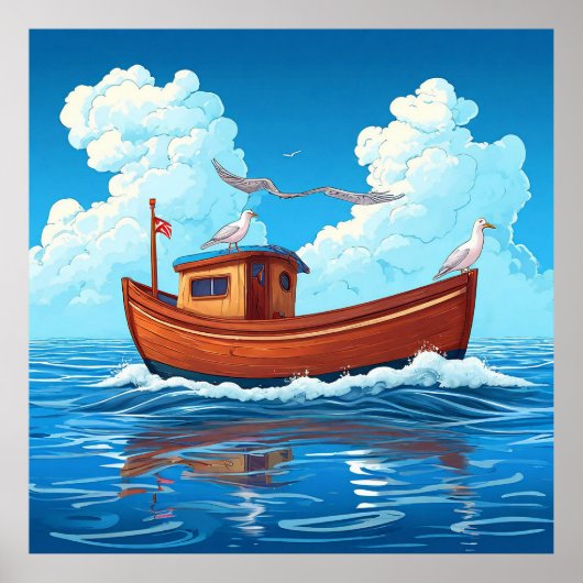 Kleurrijke boot drijvend op oceaan golven poster (Voorkant)