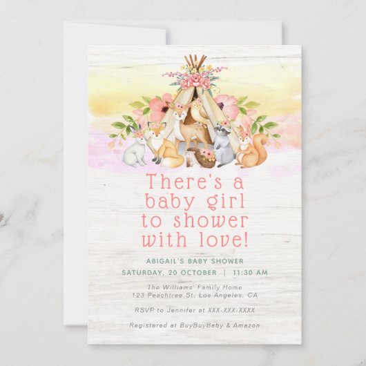 Kleurrijke bosdieren kampeerende meisjes baby show kaart (Voorkant)