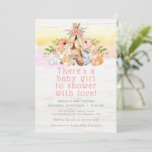 Kleurrijke bosdieren kampeerende meisjes baby show kaart (Staand voorkant)