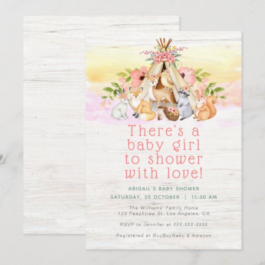 Kleurrijke bosdieren kampeerende meisjes baby show kaart (Voorkant / Achterkant)