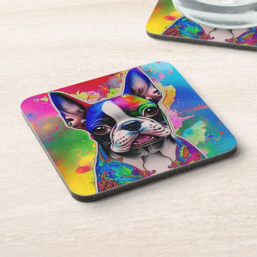 Kleurrijke Boston Terrier Paint Splashes Bier Onderzetter (Linkerzijde)