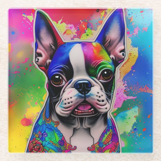 Kleurrijke Boston Terrier Paint Splashes Glazen Onderzetter (Voorkant)