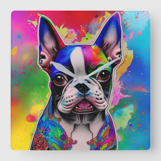 Kleurrijke Boston Terrier Paint Splashes Vierkante Klok (Voorkant)