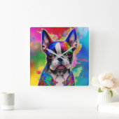 Kleurrijke Boston Terrier Paint Splashes Vierkante Klok (Huis)