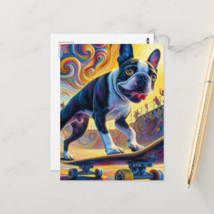 Kleurrijke Boston Terrier Skateboarden Briefkaart