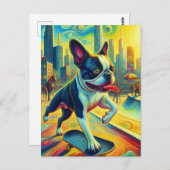 Kleurrijke Boston Terrier Skateboarden Surreal Art Briefkaart (Voorkant / Achterkant)