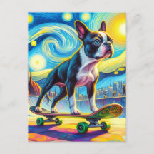 Kleurrijke Boston Terrier Skateboarden Van Gogh