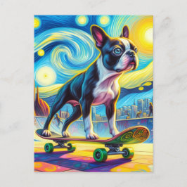 Kleurrijke Boston Terrier Skateboarden Van Gogh Briefkaart