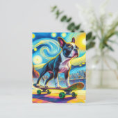 Kleurrijke Boston Terrier Skateboarden Van Gogh Briefkaart (Staand voorkant)