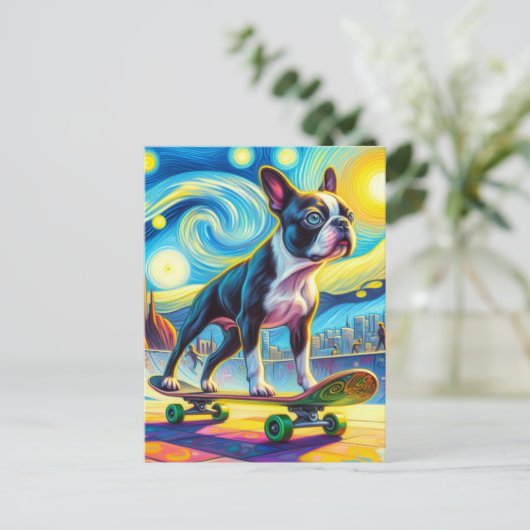 Kleurrijke Boston Terrier Skateboarden Van Gogh Briefkaart (Staand voorkant)