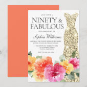 Kleurrijke botanische gouden jurk 90ste verjaardag kaart (Voorkant / Achterkant)