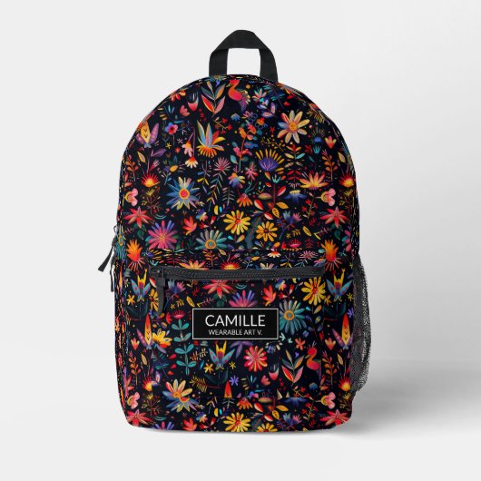 Kleurrijke Botanische Kunst Midnight Naam Custom Bedrukte Rugzak (Voorkant)
