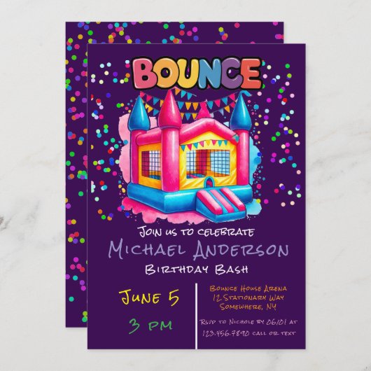 Kleurrijke Bounce House Verjaardag Bash Kaart (Voorkant / Achterkant)