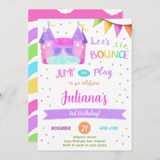 Kleurrijke Bounce House verjaardagsuitnodiging Kaart (Voorkant / Achterkant)