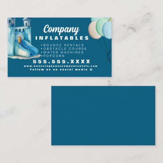 Kleurrijke Bouncy House Party Waterverf Blauw Visitekaartje (Voorkant / Achterkant)