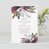 Kleurrijke Bourgogne Waterverf Bloemen Wit Bruilof Kaart (Staand voorkant)