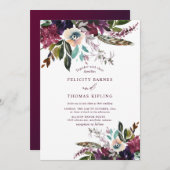 Kleurrijke Bourgogne Waterverf Bloemen Wit Bruilof Kaart (Voorkant / Achterkant)