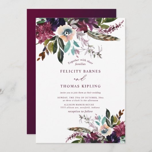 Kleurrijke Bourgogne Waterverf Bloemen Wit Bruilof Kaart (Voorkant / Achterkant)