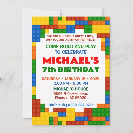 Kleurrijke Bouwstenen Uitnodiging Verjaardagsfeest (Voorkant)