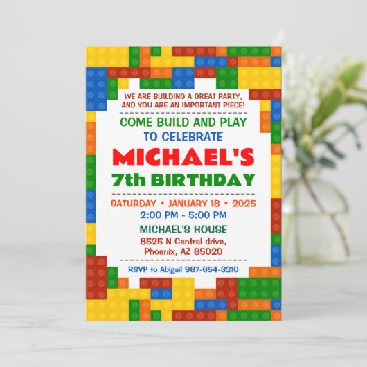 Kleurrijke Bouwstenen Uitnodiging Verjaardagsfeest (Staand voorkant)