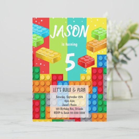 Kleurrijke bouwstenen verjaardagsuitnodiging kaart (Staand voorkant)