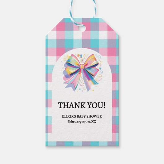 Kleurrijke Bow Baby shower Cadeaulabel (Voorkant)
