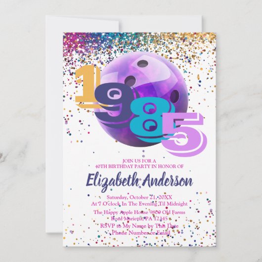 Kleurrijke Bowling 1985 40ste Verjaardag Party Cus Kaart (Voorkant)