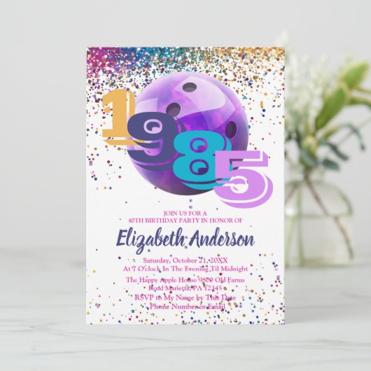 Kleurrijke Bowling 1985 40ste Verjaardag Party Cus Kaart (Staand voorkant)