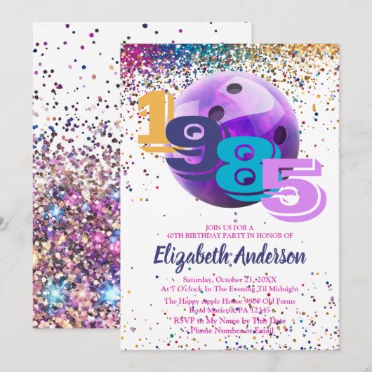 Kleurrijke Bowling 1985 40ste Verjaardag Party Cus Kaart (Voorkant / Achterkant)