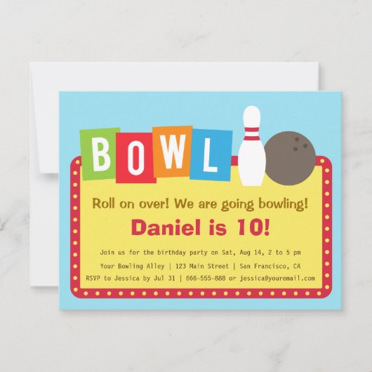 Kleurrijke Bowling Verjaardagsfeest Uitnodigingen (Voorkant)