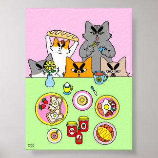 Kleurrijke Breakfast Club Kat Illustratie Keuken Poster