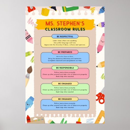 Kleurrijke Briefpapier lerarenklasregels Poster (Voorkant)