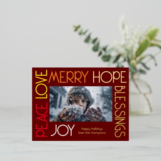 Kleurrijke brieven vreugde vrolijke vrede zegening folie feestdagen briefkaart (Staand Voorkant)