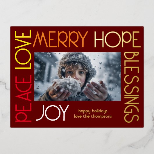 Kleurrijke brieven vreugde vrolijke vrede zegening folie feestdagen briefkaart (Voorkant)