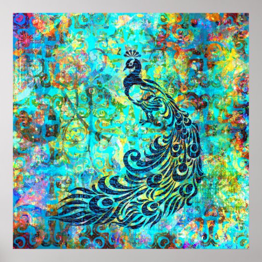 kleurrijke Bright Turquoise Peacock Abstract Poster (Voorkant)