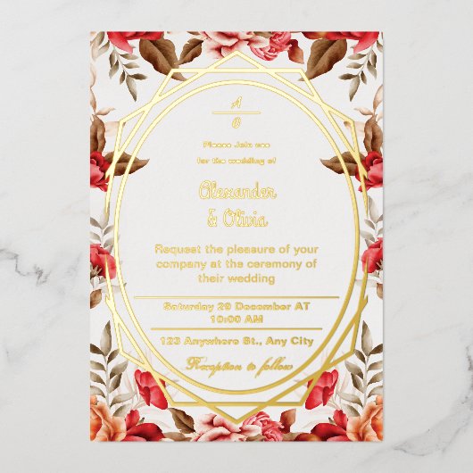 Kleurrijke bruiloft moderne botanische bloementuin folie uitnodiging (Voorkant)