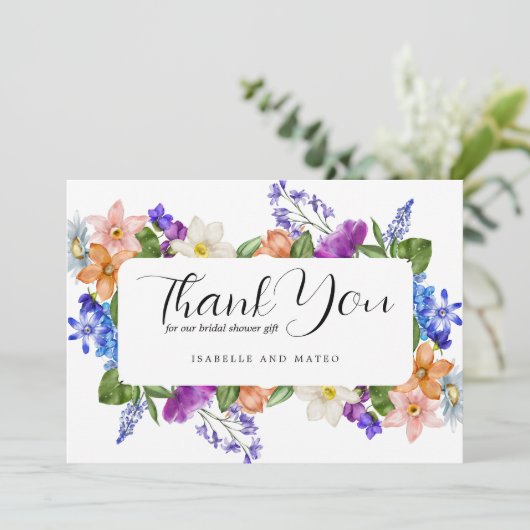 Kleurrijke bruiloftsshower plat kaart met wilde bl (Staand voorkant)