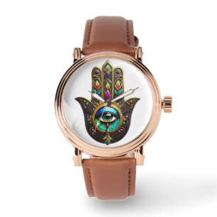Kleurrijke Bruine Gouden Hamsa Regenboog Kleur Der Horloge