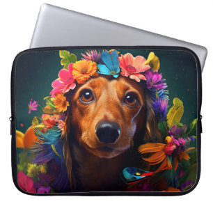 Kleurrijke Bruine Hond met Bloemen Krans Laptop Sleeve