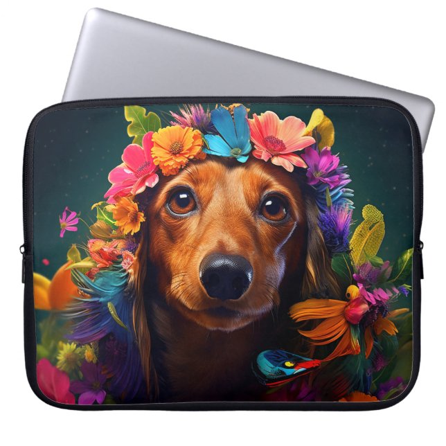 Kleurrijke Bruine Hond met Bloemen Krans Laptop Sleeve (Voorkant)