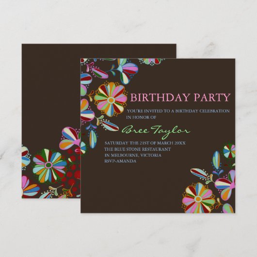 Kleurrijke Bruine Retro Bloem Verjaardag Uitnodige Kaart (Voorkant / Achterkant)