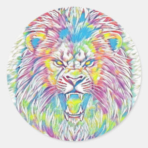 Kleurrijke brullende leeuw pastel regenboog ronde sticker