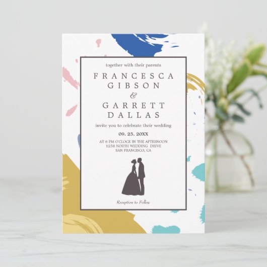 Kleurrijke Brush Stroke bruiloft Kaart (Staand voorkant)