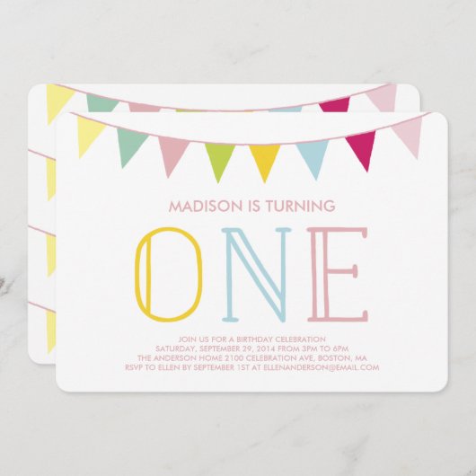 Kleurrijke bunting | Eerste uitnodiging (Voorkant / Achterkant)