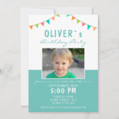 Kleurrijke Bunting Flags Blauwe Foto Verjaardagsfe Kaart (Voorkant)