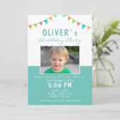 Kleurrijke Bunting Flags Blauwe Foto Verjaardagsfe Kaart (Staand voorkant)